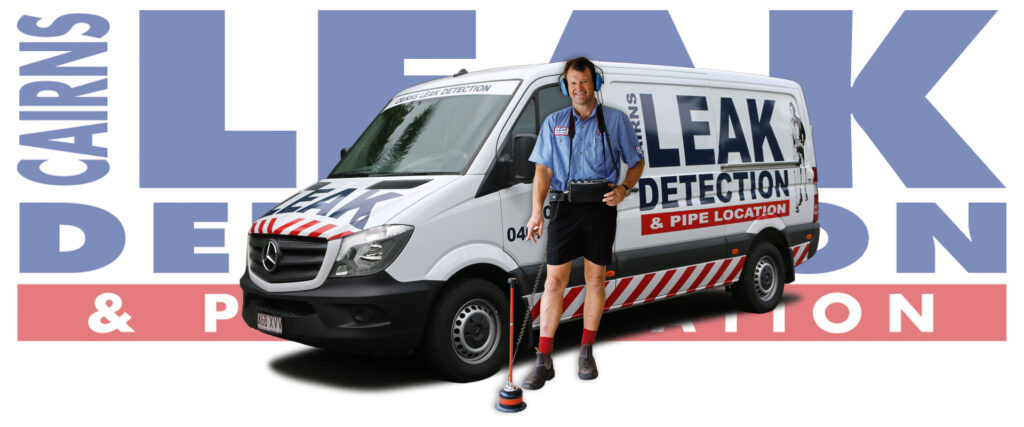 Photo of a plumber looking neat, wearing shorts and pressed shirt. He's got headphones on and is using a leak detector that he is pointing to. He is standing in front of his plumbing truck with Cairns Leak Detection logo on the side of it.